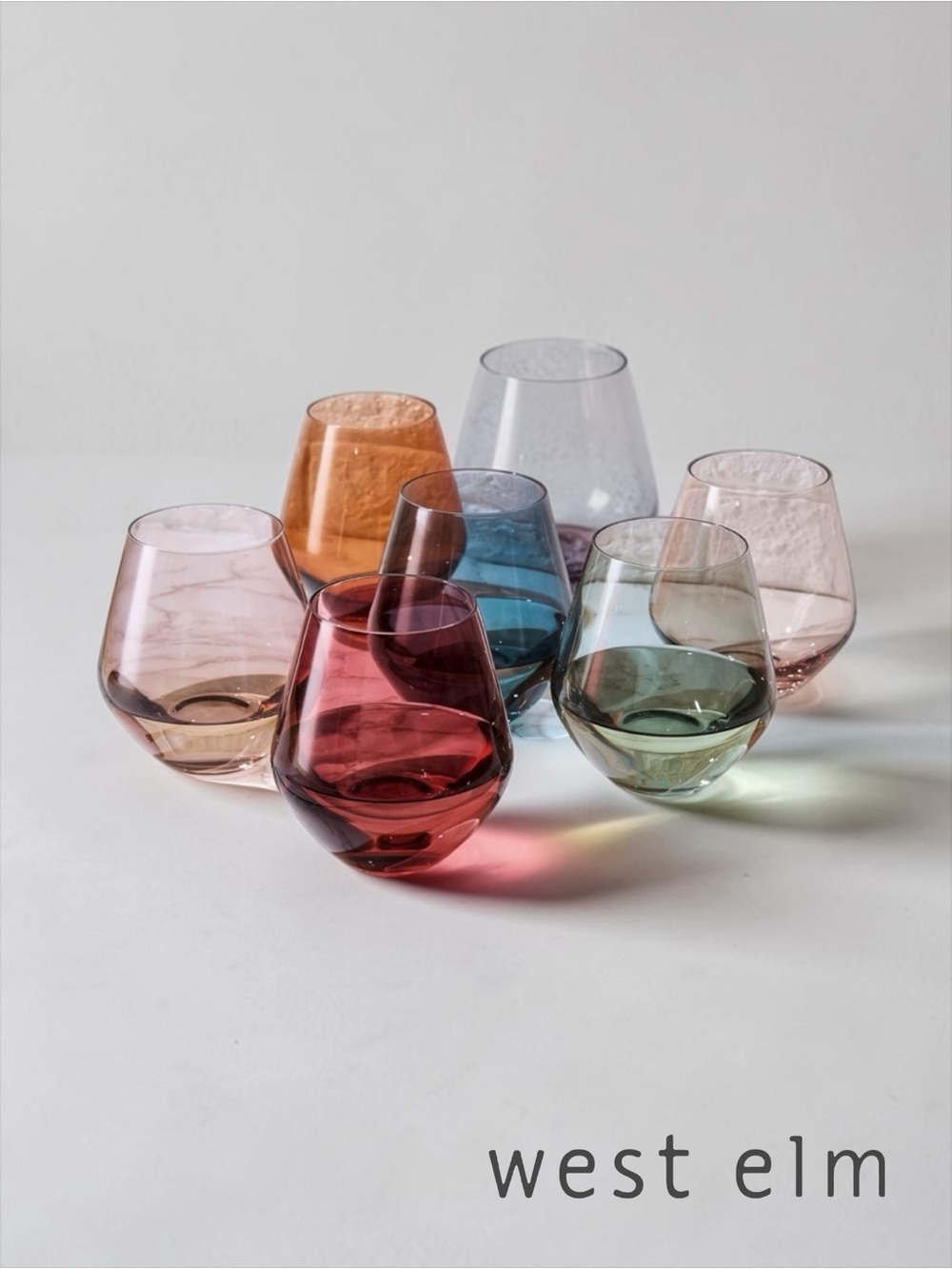 NEW West Elm (Set of 6) Colorful Stemless Crystal Wine Glass Drink Ware Bar Set